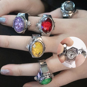 DAIIIBABYYY  -  Personalized Crystal Flower Mini Finger Watch Ring Elastic Strap Couple Rings Vintage Clock Roman Quartz Watch Ring Women Girls